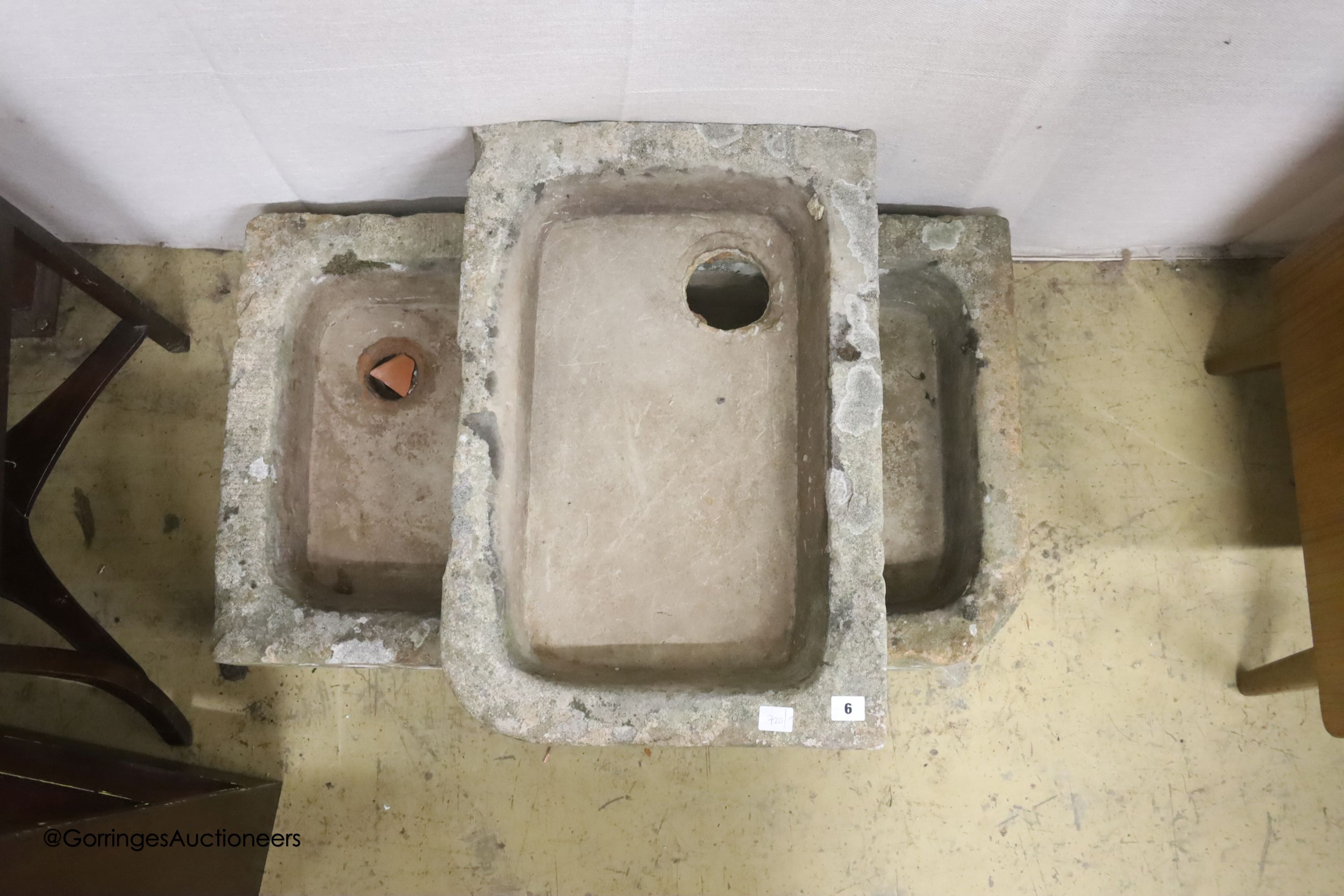 A pair of 19th century rectangular stone troughs, larger width 18cm, depth 50cm, height 16cm